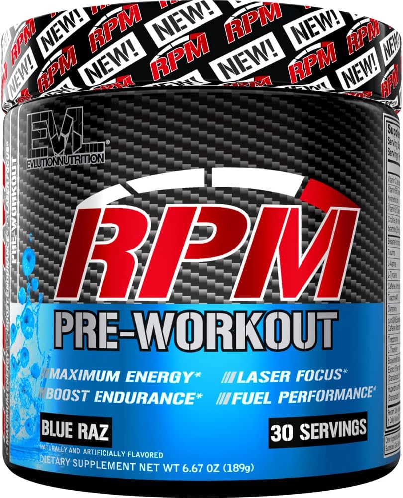 Pré-treino em pó para energia e foco - EVL RPM Energia Pré-treino em pó de energia com betaína Alanine Cafeína e Teacrina - pré-treino em pó para desempenho amplificado (Raça Azul)