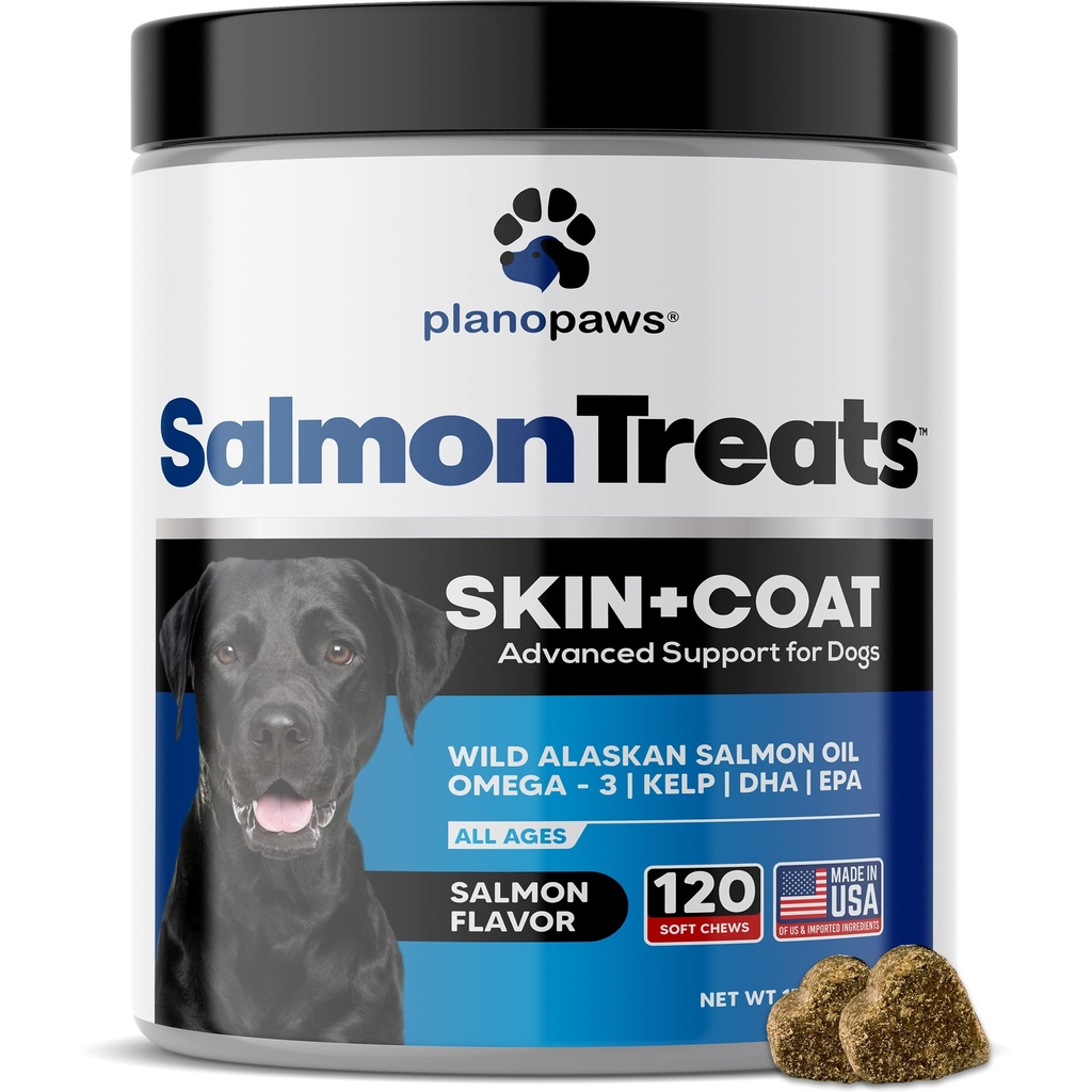 Wild Alaskan Salmon Oil para cães - Pele de cão e casaco Suplemento - Shedding & Itch Alívio para cães - Omega 3 Fish Oil para cães mastiga - 120 Dog Allergy Chews - Dog Shedding Suplemento - Vitaminas Dog