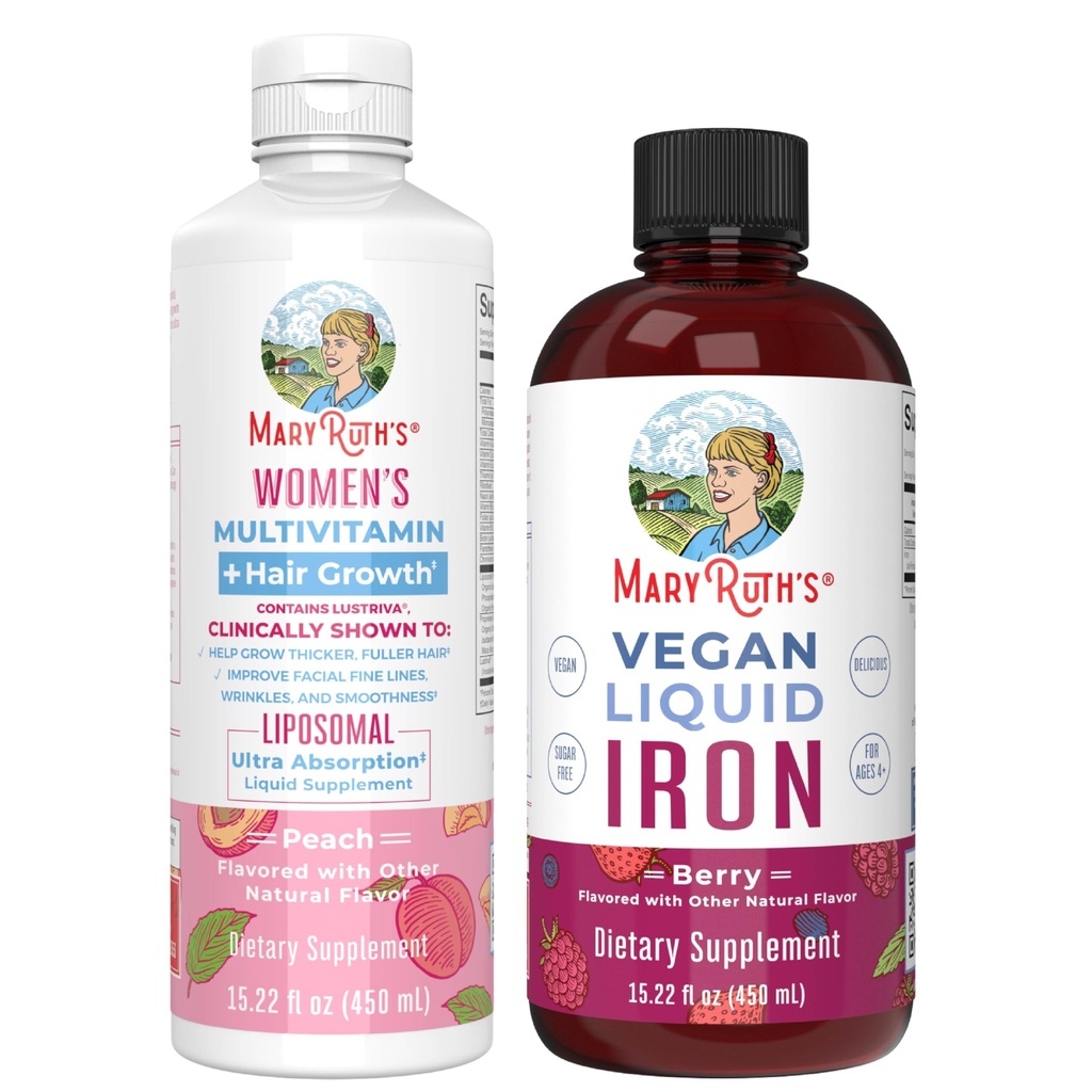 MaryRuth's Women's Multivitamin + crescimento do cabelo lipossomal (peach) & ferro líquido (Berry)