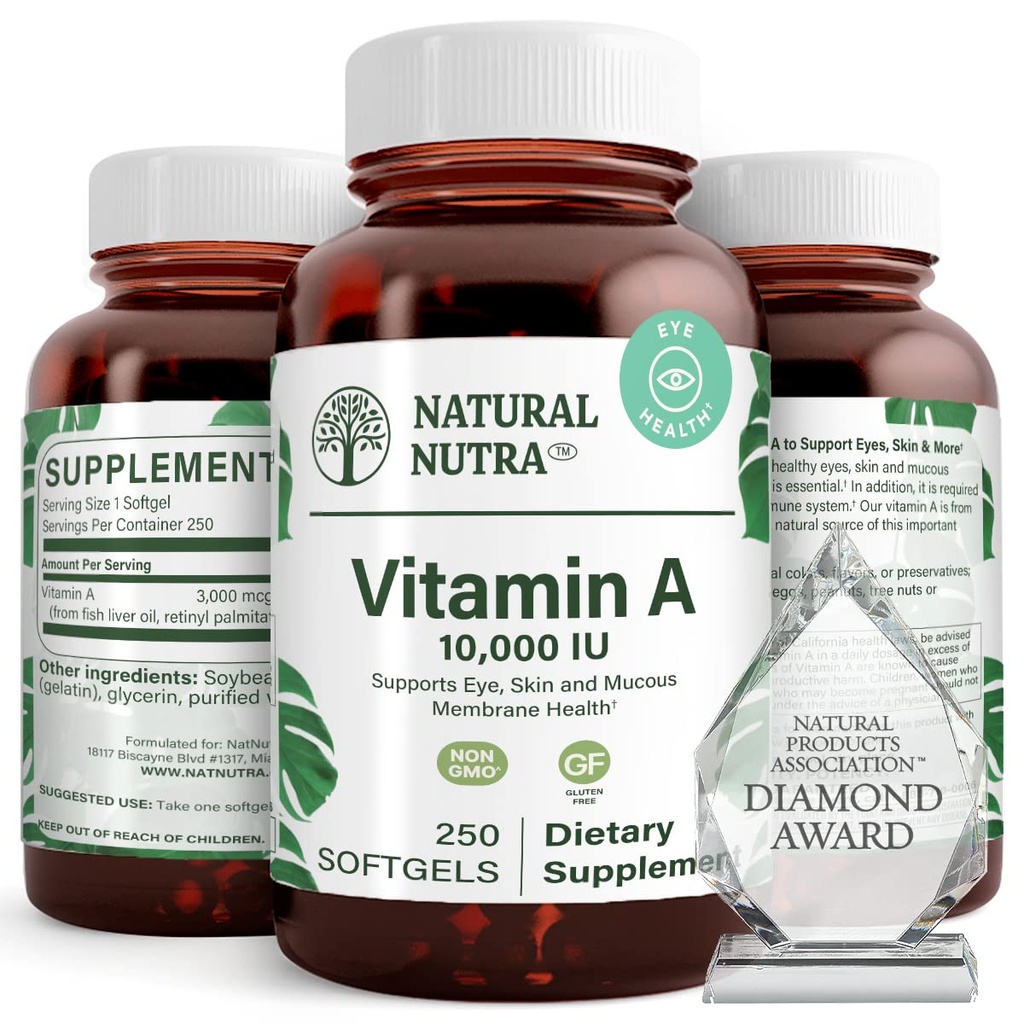 Natural Nutra Vitamina A 10.000 UI Softgels – Vitaminas de alta potência olho e pele – Suplemento de vitamina A sem glúten para a visão e saúde da pele – Óleo de fígado de peixe para homens e mulheres, sem glúten, 250 Softgels