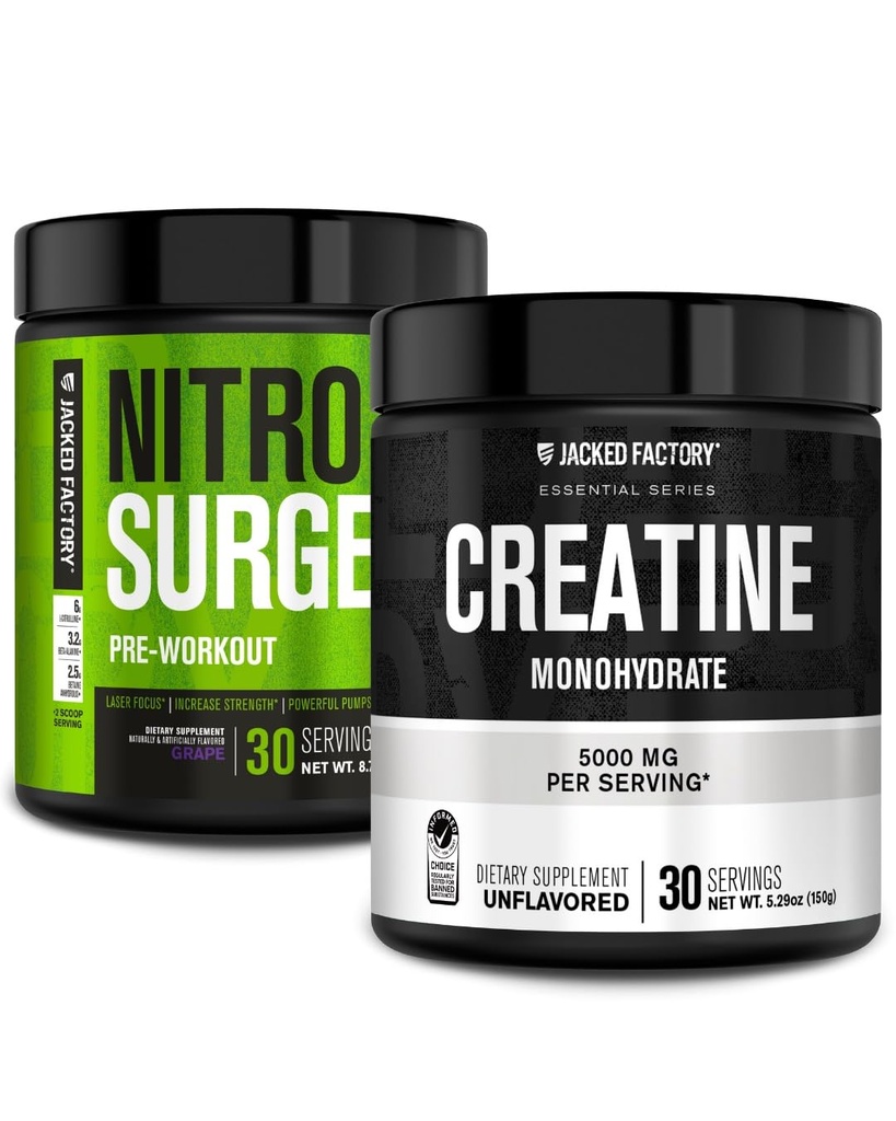 Fábrica Jacked NITROSURGE Pre Treino Suplemento (Uva, 30 Servões) & Creatina Mono-hidrato em pó (desfolhado, 30 Servões)