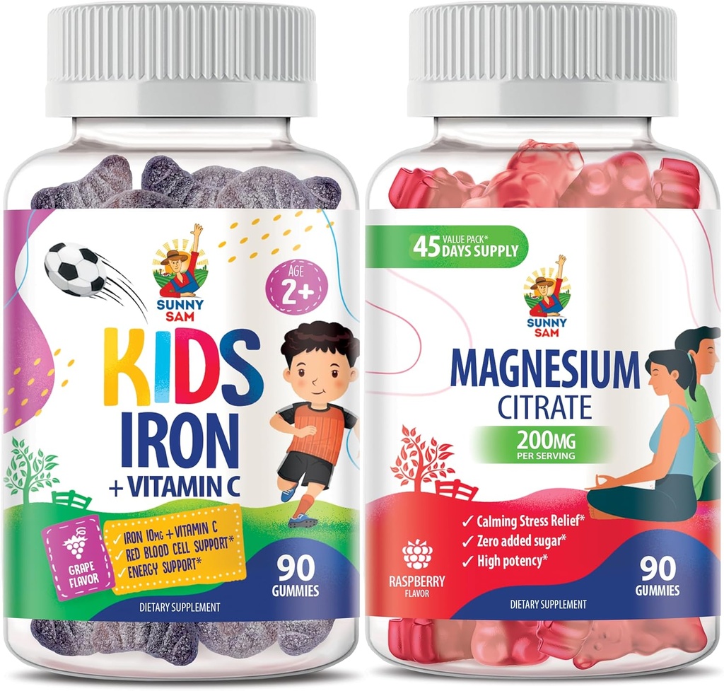Pastilhas de magnésio para adultos e pastilhas de ferro para crianças e adultos - Vitaminas de ferro com vitamina C.