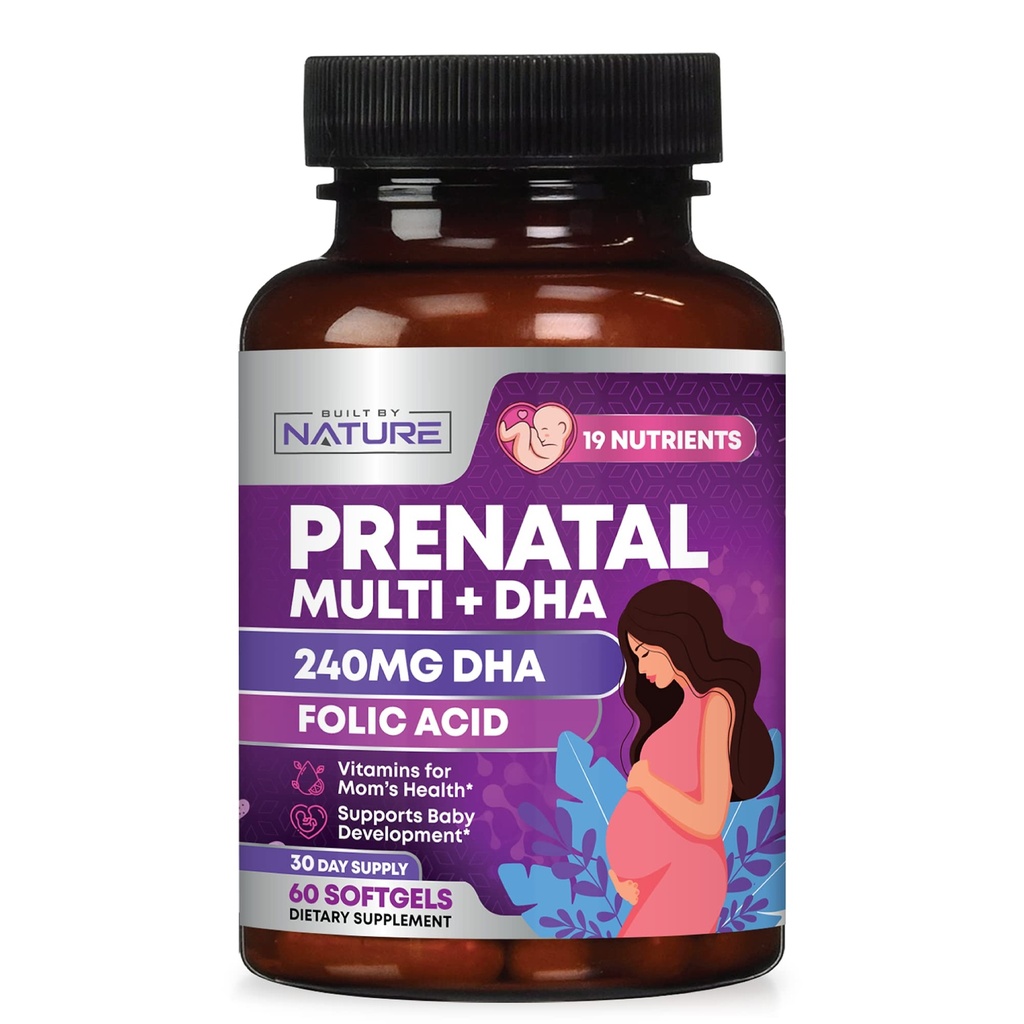 Vitaminas pré-natais para mulheres - Multivitamina com DHA, Ácido Fólico, Vitamina C, B12, Ferro & Omega-3 - Antes, Durante e pós suplemento de gravidez para o crescimento saudável e desenvolvimento cerebral - 60 Softgels