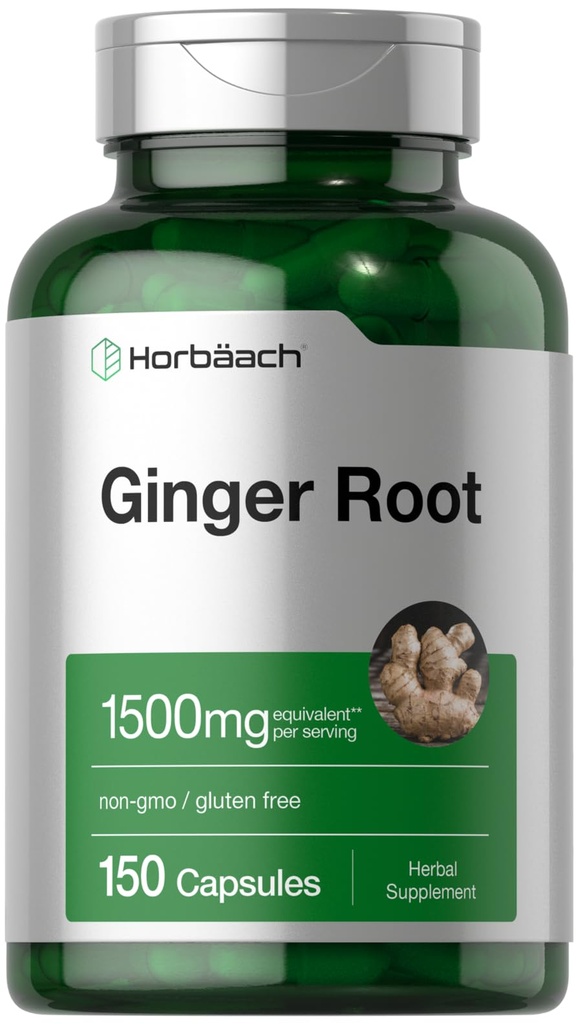 Horbäach Ginger Root Capsules 1500 mg • 150 comprimidos • Não- OGM, Gluten Free
