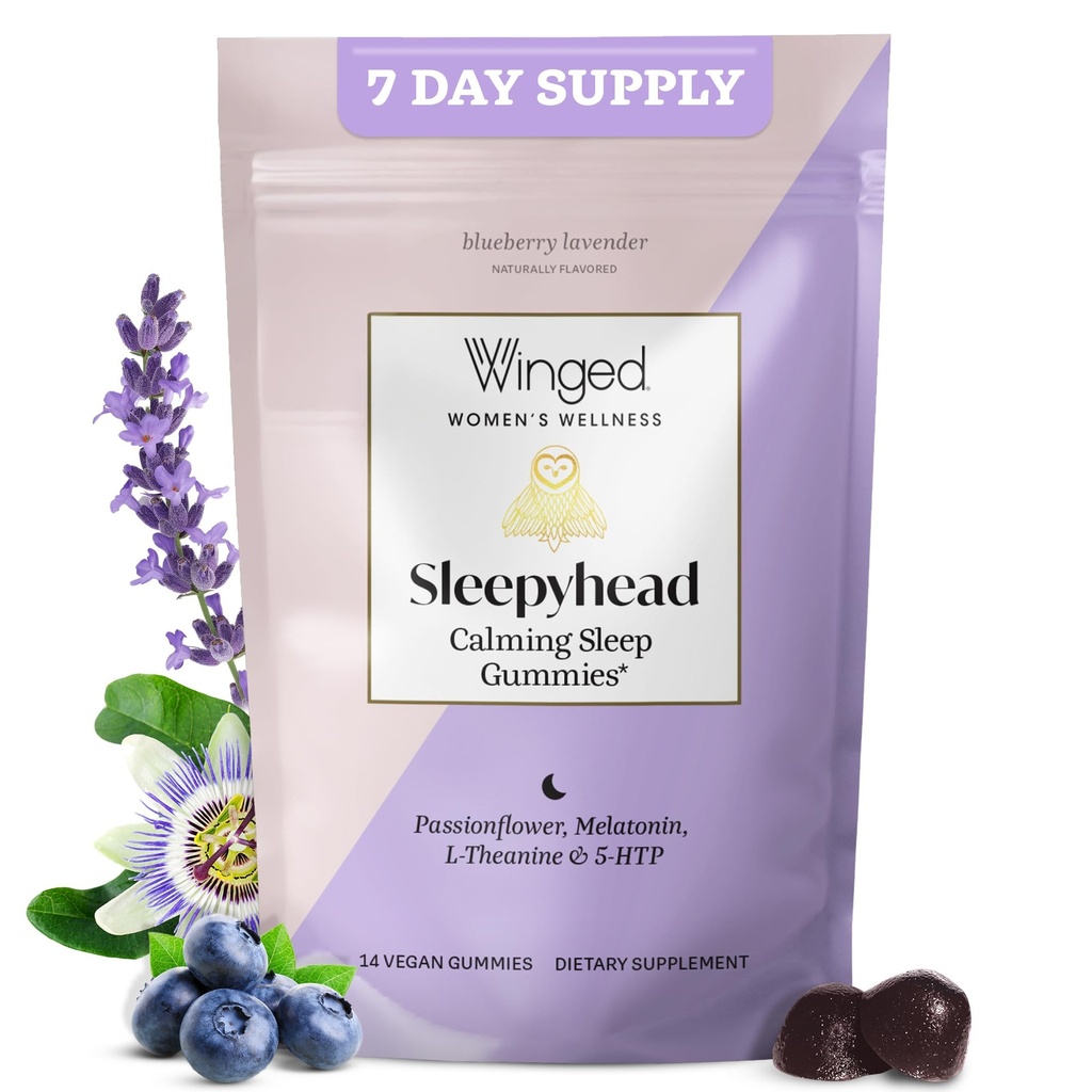 Bem-Estar Alado Gummies sono natural cabeça para mulheres - Apoio ao sono Ajuda para adultos com 3mg Melatonina, L-Theanina, 5-HTP - Suplemento Gummy Natural - Lavanda de mirtilo, 14 Gummies Vegan