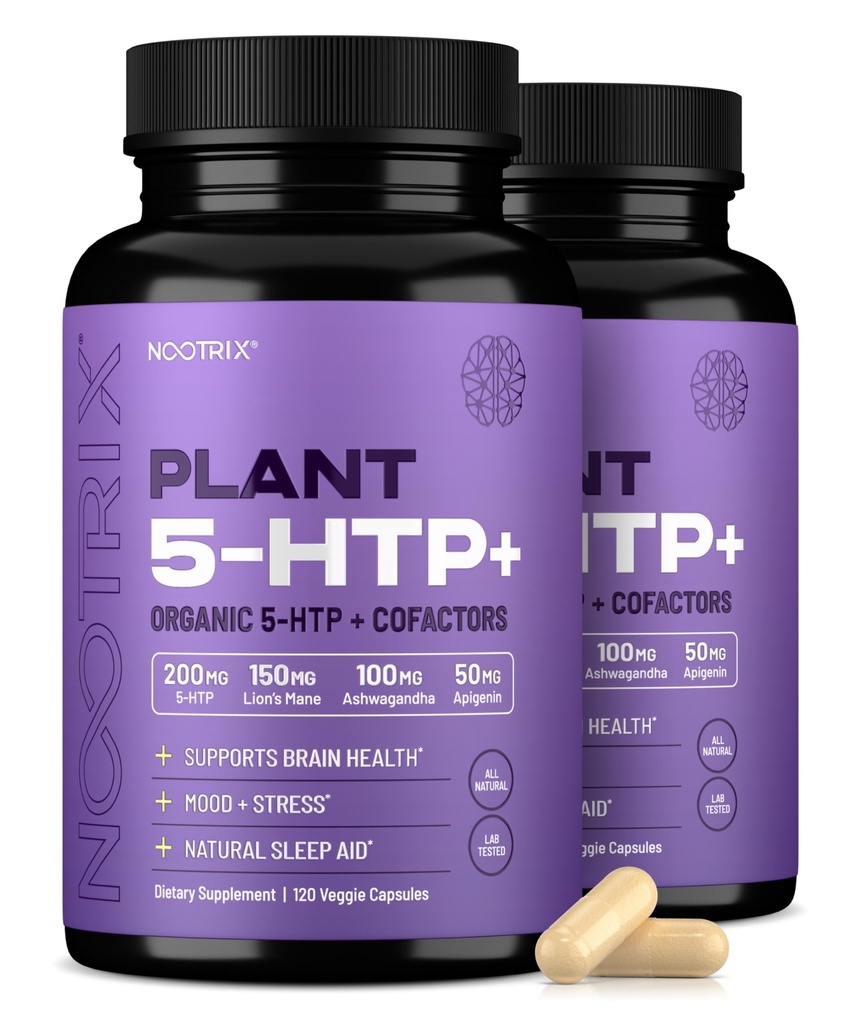Planta orgânica Nootrix 5 HTP+ Suplementar □ Suporta Memória, Foco Mental, Saúde Cognitiva & Energia □ Promove humor saudável e função do cérebro □ Vitamina B6 & L Theanina 240 Cápsulas