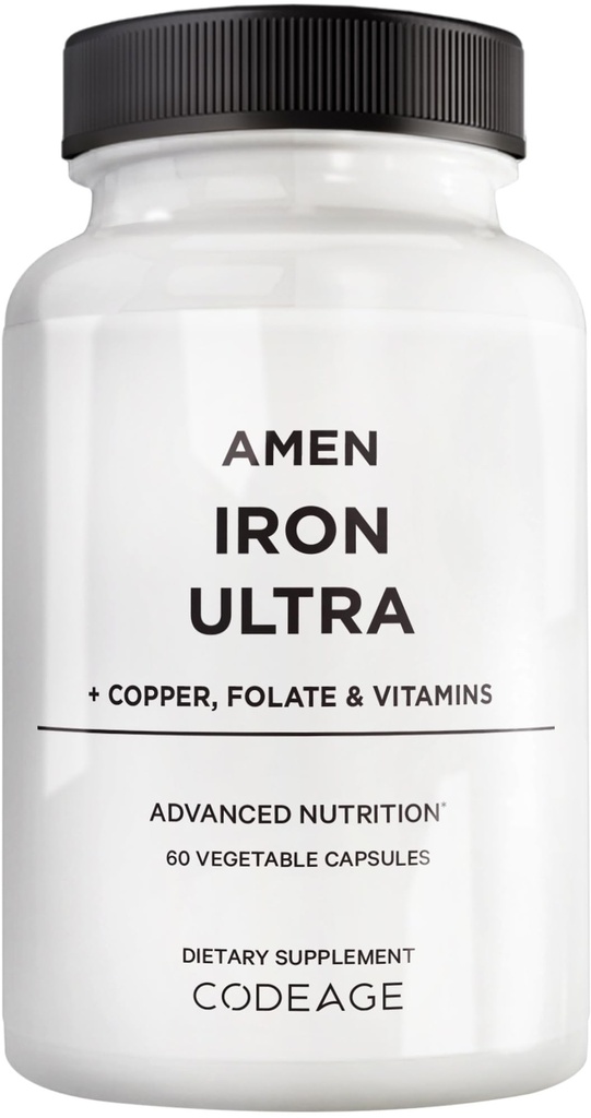 Amen Ferro Ultra Suplemento + Cobre, Folato, Vitamina C e B12-2-Mês Abastecimento - Sulfato Ferroso Ferro Vitamina - 65mg Por Servimento - Ácido Fólico - Pílulas Não-GMO - 60 Cápsulas