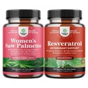 Pacote de Mulheres Serra Palmetto e Resveratrol Suplemento - Saw Palmetto Extrair Cápsulas com Maca Raiz e Biotina para Perda de Cabelo e AMPK Ativador Metabólico para Metabolismo Boost & Eficiência Celular