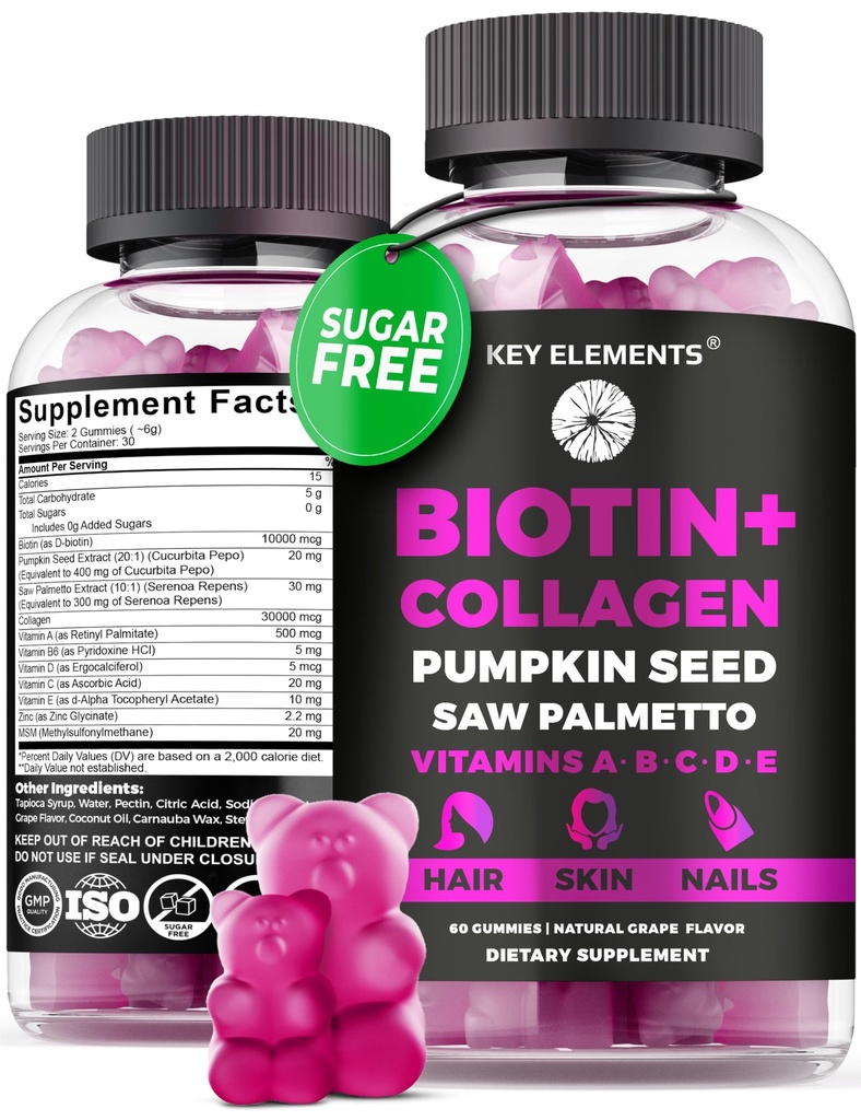 Pele e unhas de cabelo 10000mcg Gummies & gomas de colágeno - Vitaminas de biotina para o crescimento do cabelo Pumpkin Seed Oil, Saw Palmetto Extract & Vitaminas A B6 C D E - Biotina e suplementos de colágeno