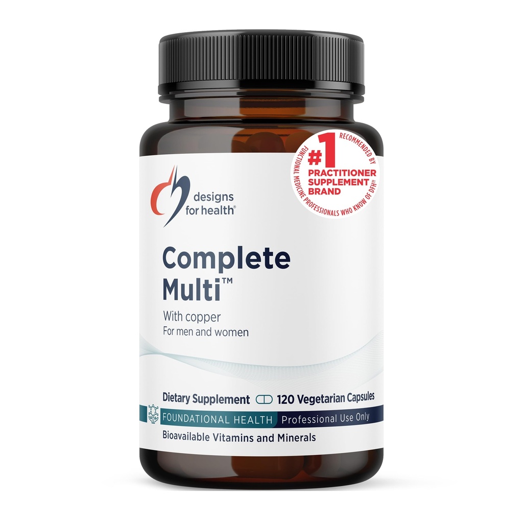 Designs para a saúde DFH Multi completo com cobre - Vitamina Multi abrangente + Suplemento mineral com folato, 1000 UI Vitamina D, vitaminas de suporte imunológico - Multivitamina sem ferro (120 Cápsulas)