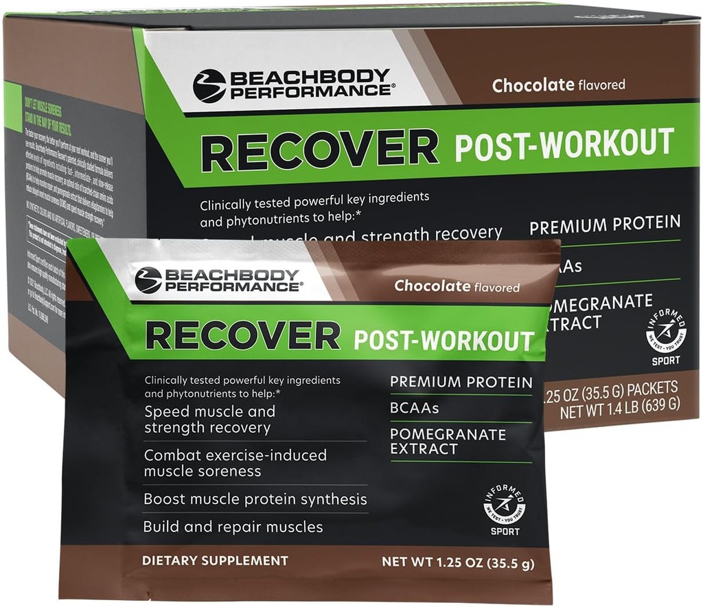 BODi Recuperar Whey Protein Powder Blend– Suplemento de Whey Chocolate pós-trabalho para recuperação muscular com 20g de proteína, BCAAs, extrato de romã - Recuperação rápida - 18 pacotes de serviço