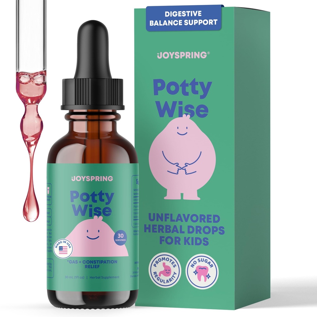 JoySpring Potty Wise Drops – Alivio natural de constipação para crianças e crianças – Elderberry, Extrato raiz de alcaçuz, Sementes de funcho & Senna – Açúcar-livre Vegan Liquid Blend Suplemento (1 fl oz) 30 Servings