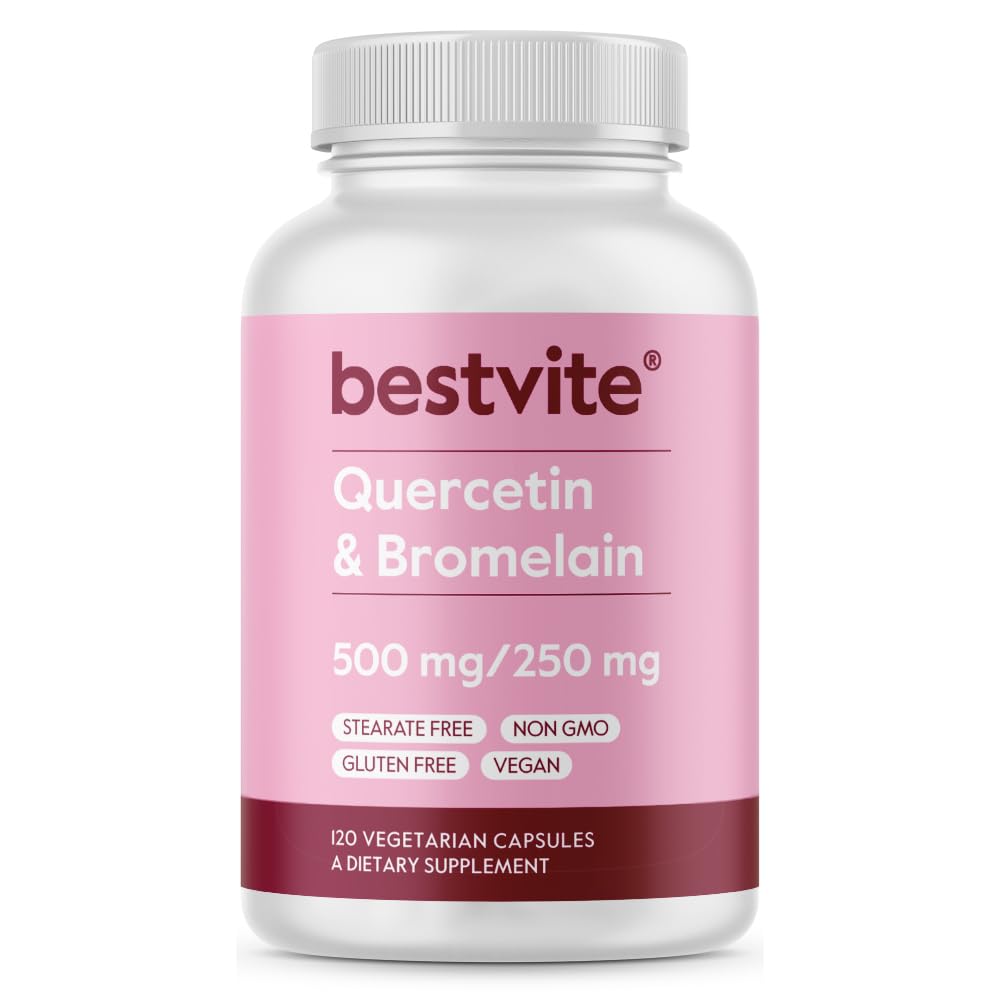 BESTVITE Quercetin com Bromelain 500mg/250mg (120 Cápsulas Vegetarianas) - Sem Estearatos - Sem Dióxido de Silício - Vegan - Não GMO - Gluten Free