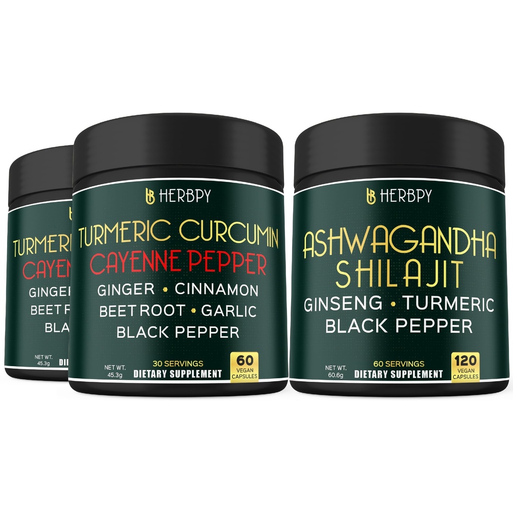 Pacote 7in1 Curcumina Turmérica & 5in1 Suplemento Ashwagandha Shilajit