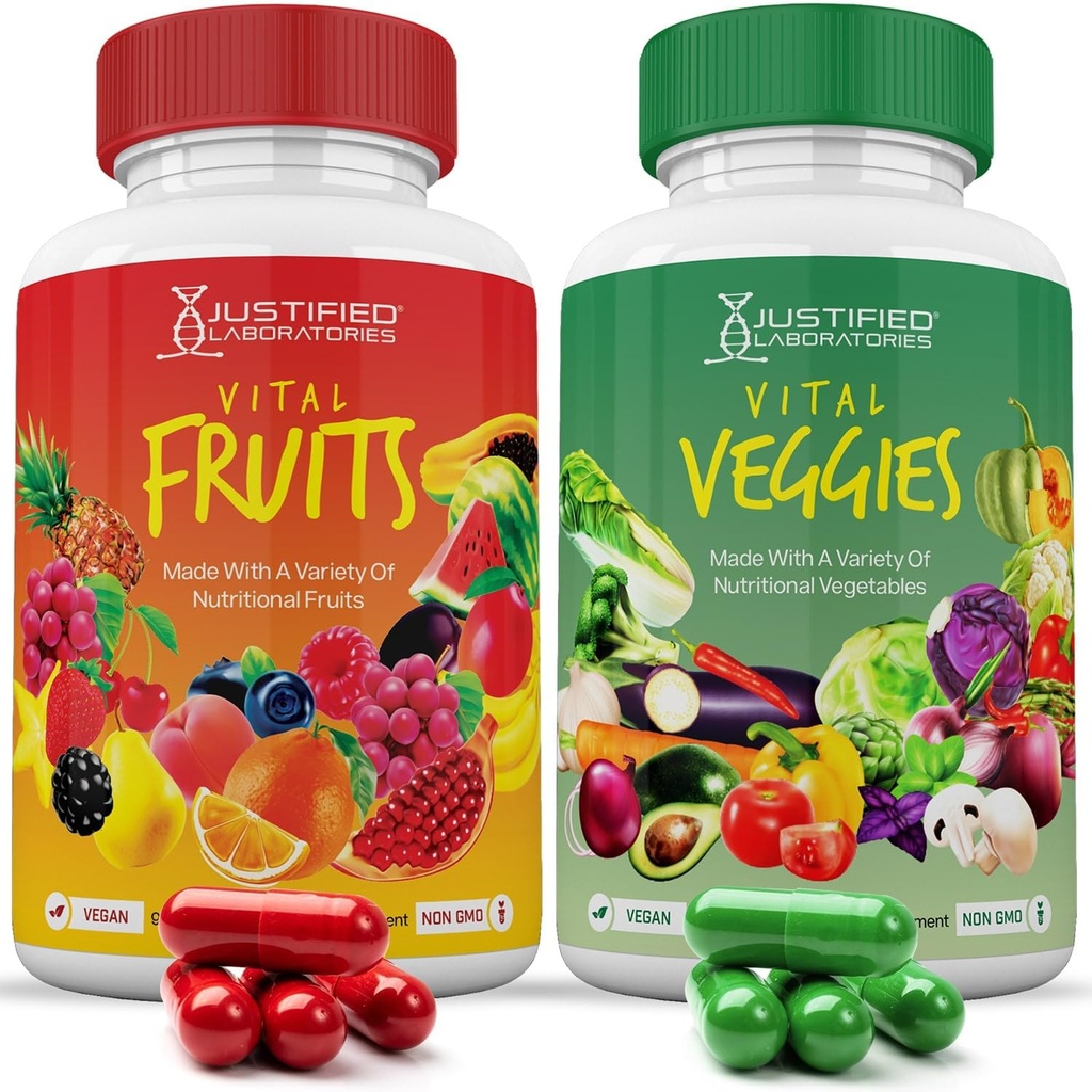 Laboratórios justificados (Set of 2 Vital Fruits and Veggies Supplement Red & Green Superfoods Whole Food Non GMO Vegan Friendly 180 Veggie Cápsulas 2 Garrafas