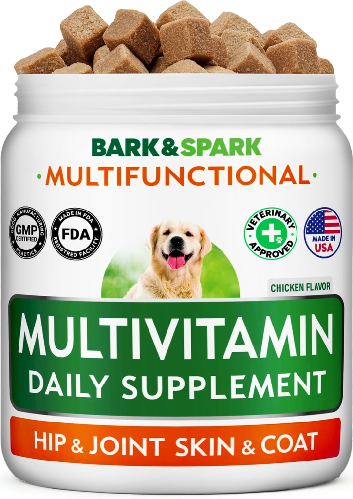 BARK & SPARK Dog Vitaminas & Suplementos - Multivitamin Mastigable Doces para Cães - Glucosamina Chondroitin para Apoio Conjunto + Ómega para Pele & Revestimento + Probióticos - Multi Vitamina para Saúde Animais de estimação - 120Ct
