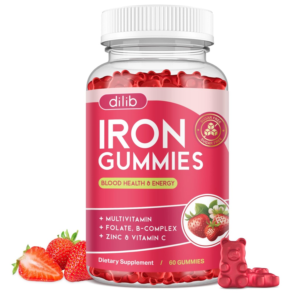Pastilhas de ferro com multivitamina, Suplemento de ferro para mulheres e homens com zinco, Complexo de vitamina B & C, B12, Folato - Blood Builder & Energy Support for Adults & Kids - Strawberry Flavor, Vegan 60 chicletes