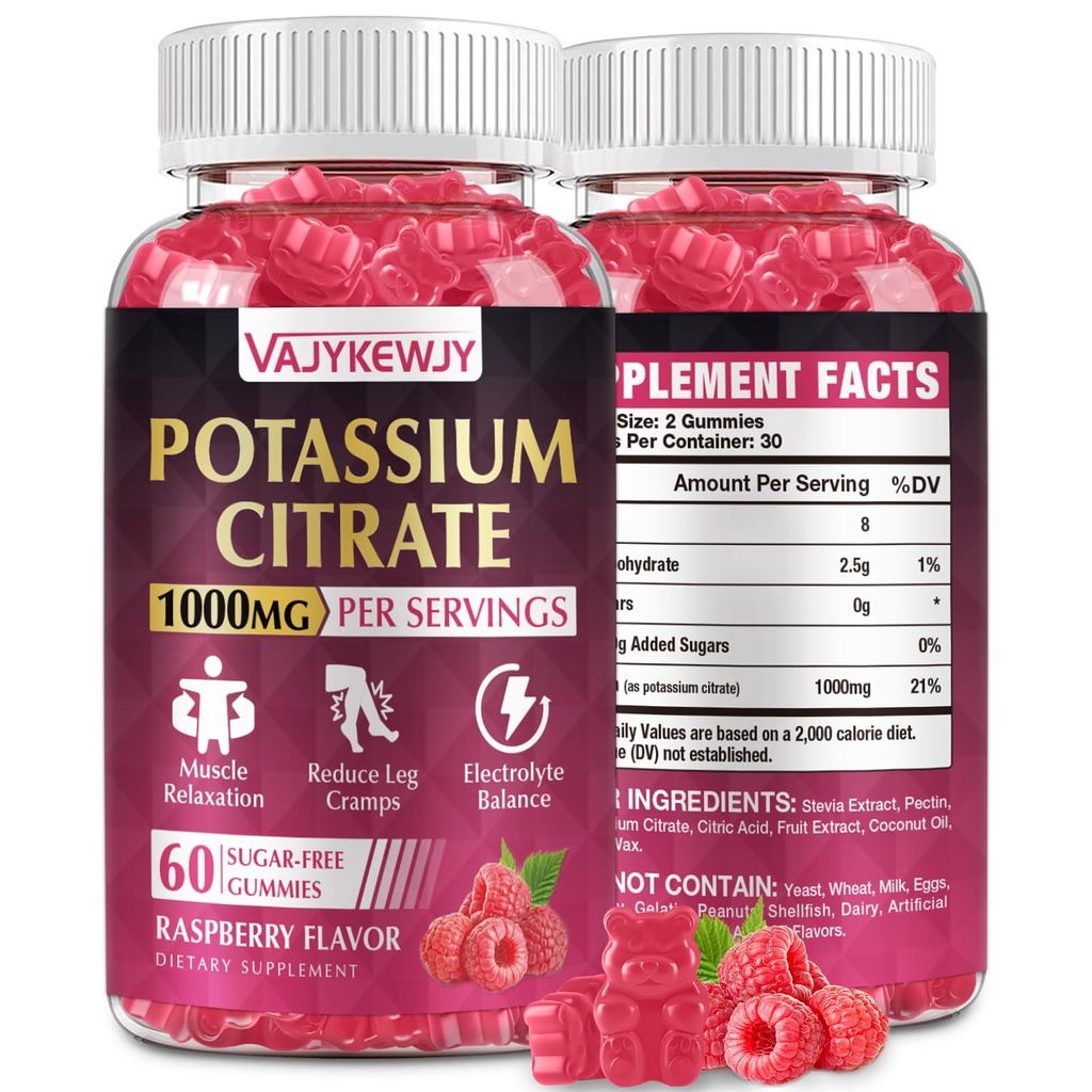Gomas de citrato de potássio, Suplemento de potássio de alta (1000mg), Suporta Cães Pernas & Saúde Músculo, Adequado para Adultos & Crianças, Vegan, Não-GMO, 60-Count
