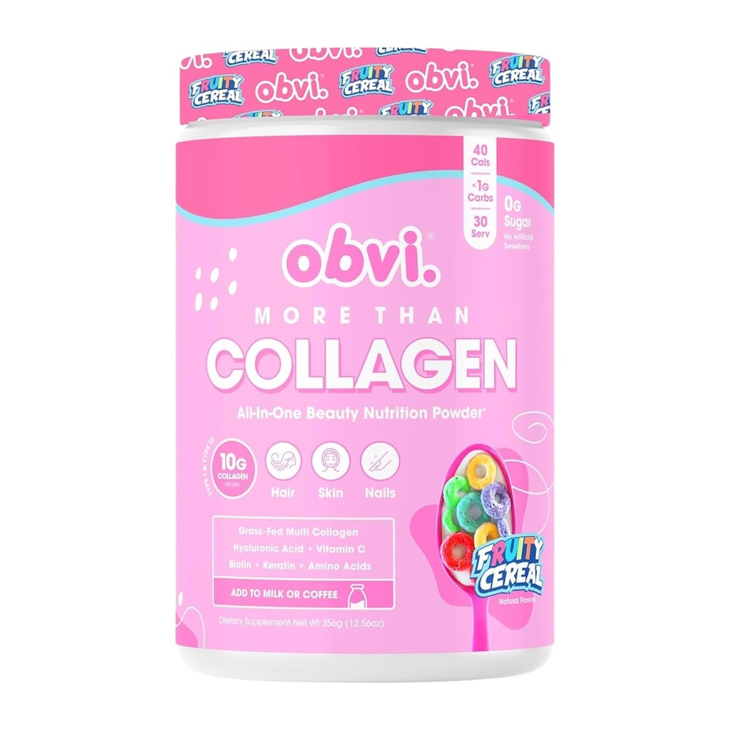 Óbvio mais do que o pó de colagénio Suporta cabelo saudável, pele, unhas, juntas, gut, grama-feed Multi Colágeno Suplemento com ácido hialurônico, biotina, queratina , cereal frutado, 30 Servings