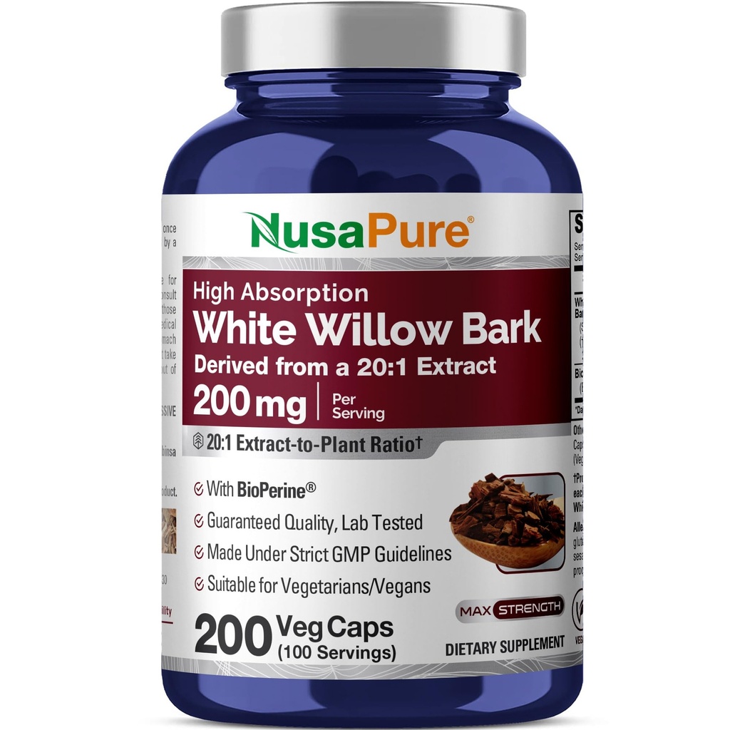 NusaPure White Willow Bark 20:1 Extract, 200 mg Equivalente a 4000mg, 200 Cápsulas Veggie, Força Máxima, (Não-GMO, Vegan)