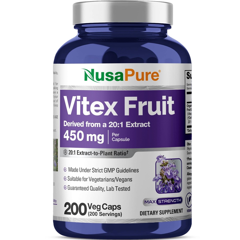 NusaPure Vitex Chasteberry Fruit 20:1 Extract, 450 mg Equivalente a 9,000 mg 200 Cápsulas Vegan - Não-GMO, Vegan Suplemento Dietário