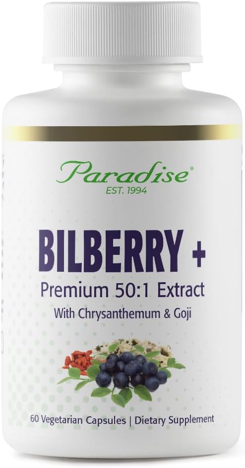 Paradise Herbs Bilberry com Goji & Chrysanthemum Suplementos, Super Potente, Ultra Pure, Não-GMO, Gluten Free, Vegan, 60 Cápsulas Vegetarianas