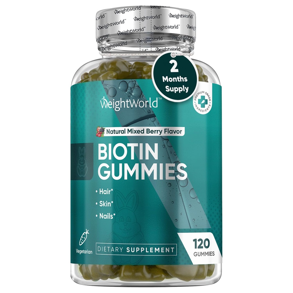 WeightWorld Biotin Gummies for Hair, Skin & Nails 5000mcg - 120 Count (60 Servings) - Suplementos de Biotina para Mulheres e Homens - Natural Misto Berry Flavored Biotin Gummy - Vegetarian & Third-Party Tested