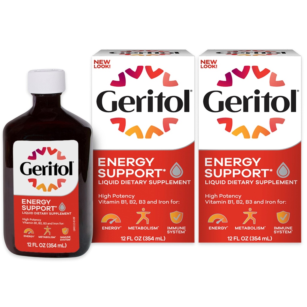 Geritol Liquid Vitamina e suplemento de ferro, suporte energético, contém alta potência B-Vitaminas e ferro, degustação agradável, fácil de engolir, sem adoçantes artificiais, não-GMO, 12 Oz, 2 Pack