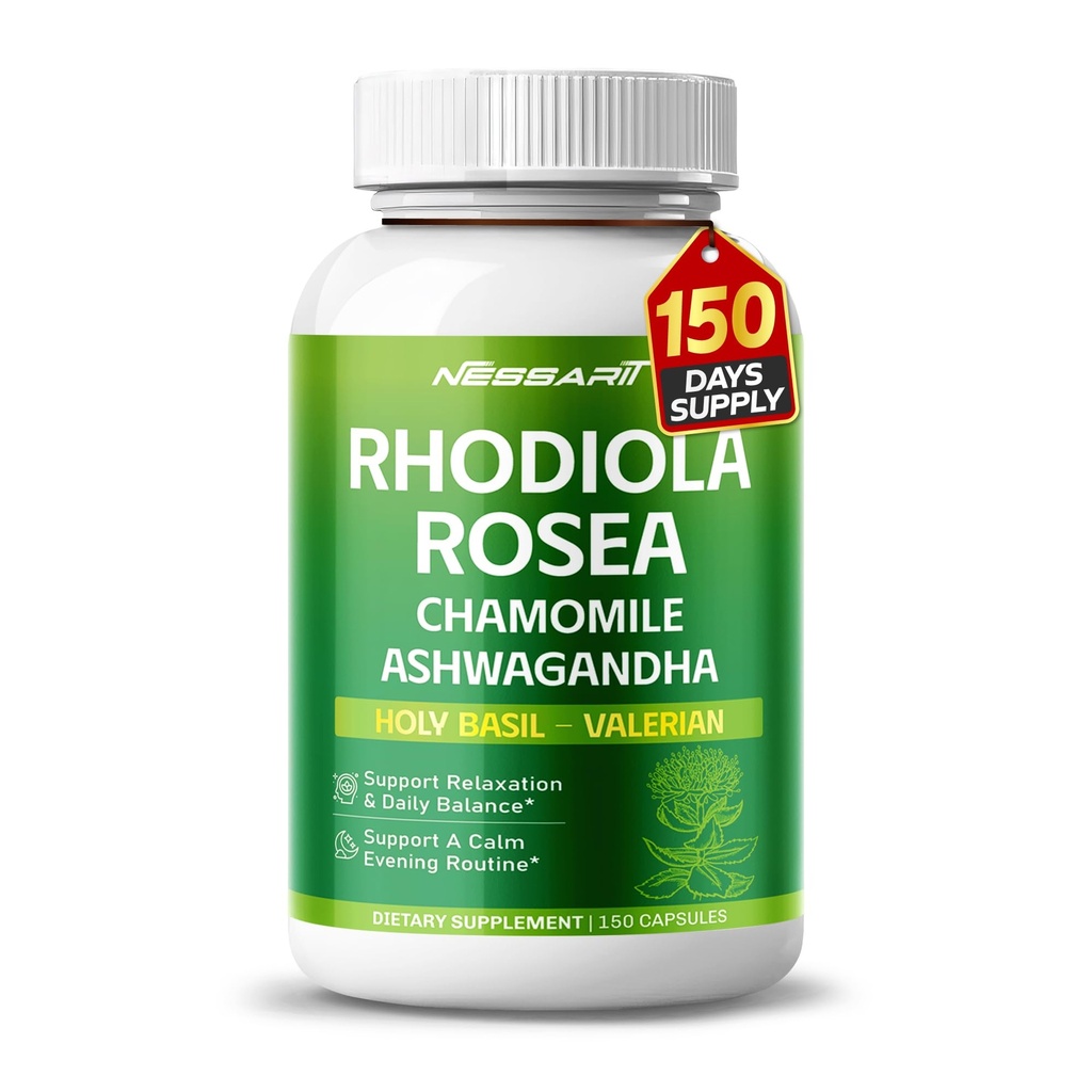 RHODIOLA ROSEA Supplement- 11-in-1 Mistura Natural com Camomila L-Theanina Ashwagandha Holy Basil Valerian Passionflower - 150 Count - Made & Tested in The USA