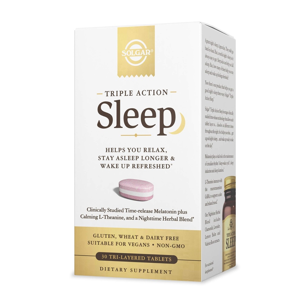 Solgar Triple Action Sleep, 30 comprimidos Tri-Layer - Melatonina e L-Theanina mais mistura de ervas - ajuda você a relaxar, cair dormindo rápido e ficar dormindo mais - Não-GMO, sem glúten - 30 Servings