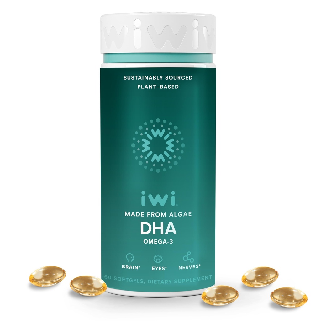 Iwi DHA Omega-3, 60 Softgels (30 Servings), Algae Omega 3, Cérebro, Olhos e Sistema Nervoso Suporte Suplemento dietético, Krill & Fish Oil Alternative, Sem gosto de peixe