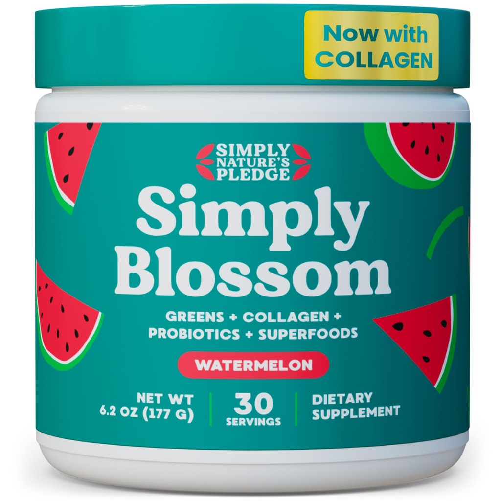 Simplesmente Blossom Nutrition Daily Greens & Superfood Powder + Colágeno + Probióticos para a Saúde Digestiva da Mulher & Bloating Alief. Ajude sua saúde Bloom - 30 dias de abastecimento - melancia