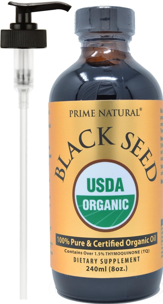 PRIME NATURAL Oil de semente preta orgânica 8 onças , frio Pressionado não refinado alta timoquinona 1,7% USDA Certificado , origem turca Potente Puro Nigella Sativa Liquid , Vegan Omega 3 6 9, Antioxidante