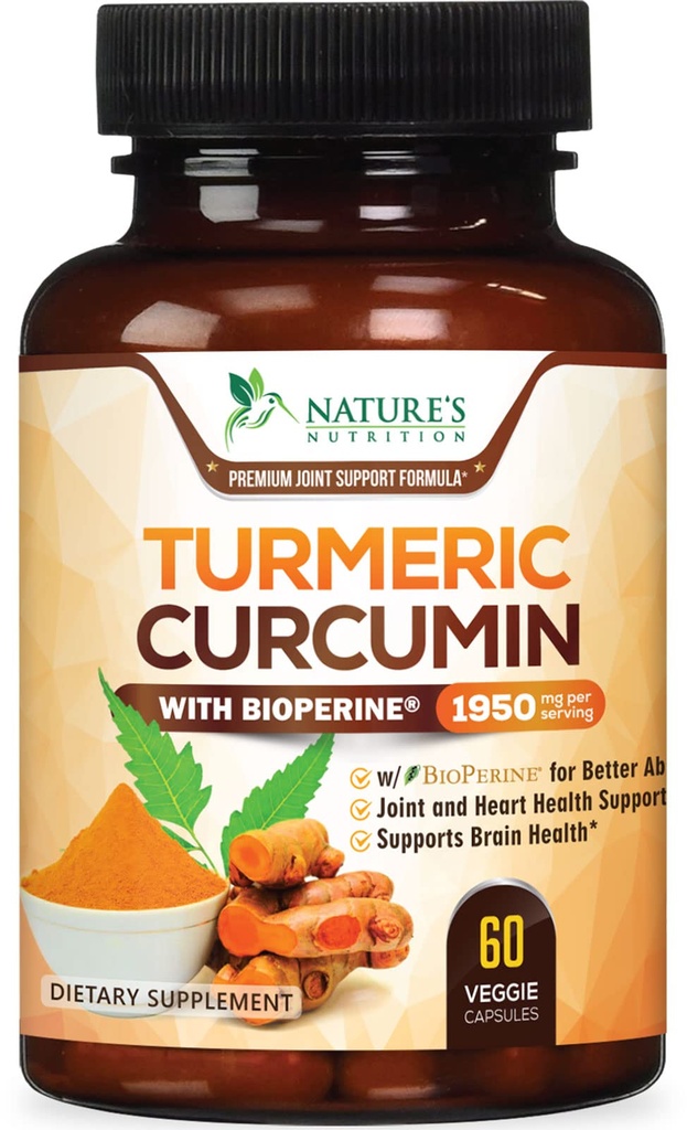 Suplemento de Curcumina Turmérica 1950mg - 95% de Curcuminóides com Açafrão Orgânico & BioPerine Extrato de Pimenta Negra para Melhor Absorção, Suporte Conjunta Vegan da Natureza, Não-GMO, Engarrafado nos EUA - 60 Cápsulas