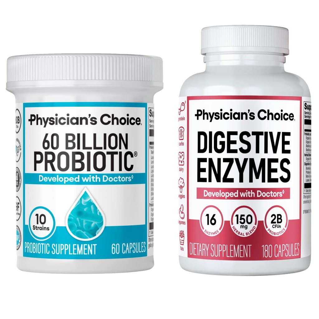 ESCOLHA DO MÉDICO - O Optimal Gut Health Bundle: 60 Bilhões Probiótico 60ct + Enzima Digestiva 180ct para Conforto Digestivo e Suporte Imune - Pacote de Valor