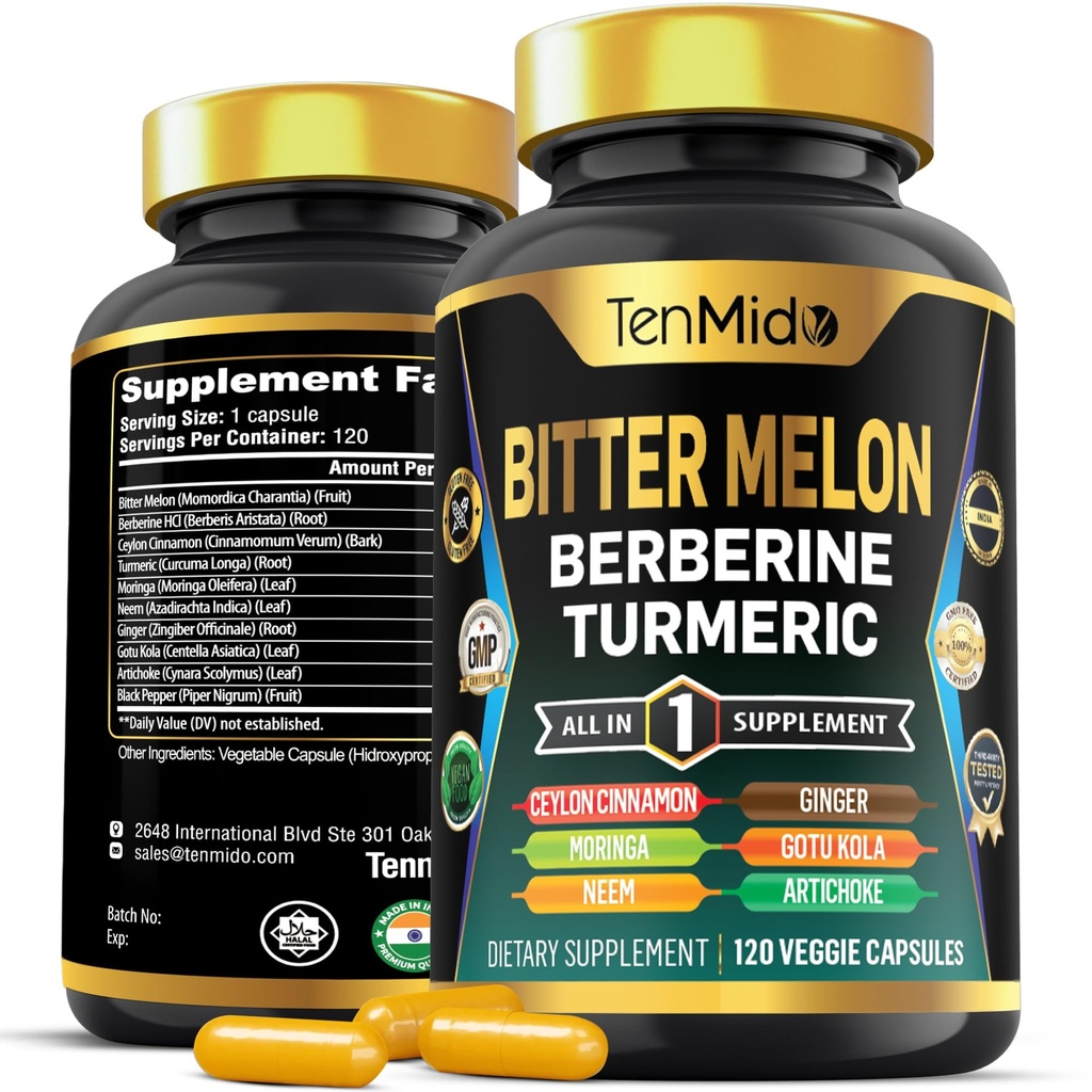 Cápsulas de Melon Amargo - Fórmula 10in1 - Combine com Berberina, Canela de Ceilão, Açafrão, Moringa, Neem, Ginger, Gotu Kola, Alcachofra e Pimenta Negra - 120 Cápsulas para Fornecimento de 4 Meses