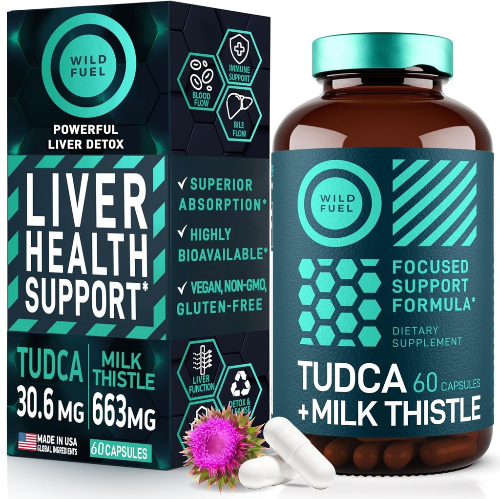 TUDCA and Milk Thistle Supplement - Suplemento de sales de bile com silymarin Milk Thistle Extract Liver Cleanse, Gallbladder, Rim, Gut Health - Ácido Ursólico Tudca Bile Salt Hearth - 60 Cápsulas