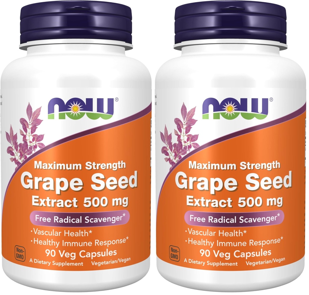 Now Supplements, Grape Seed Extract, Maximum Strength 500 mg (um extrato altamente concentrado com um mínimo de 90% de polifenóis), 90 Veg Cápsulas, Vermelho / Castanho, 0,25 libras (Pack de 2)