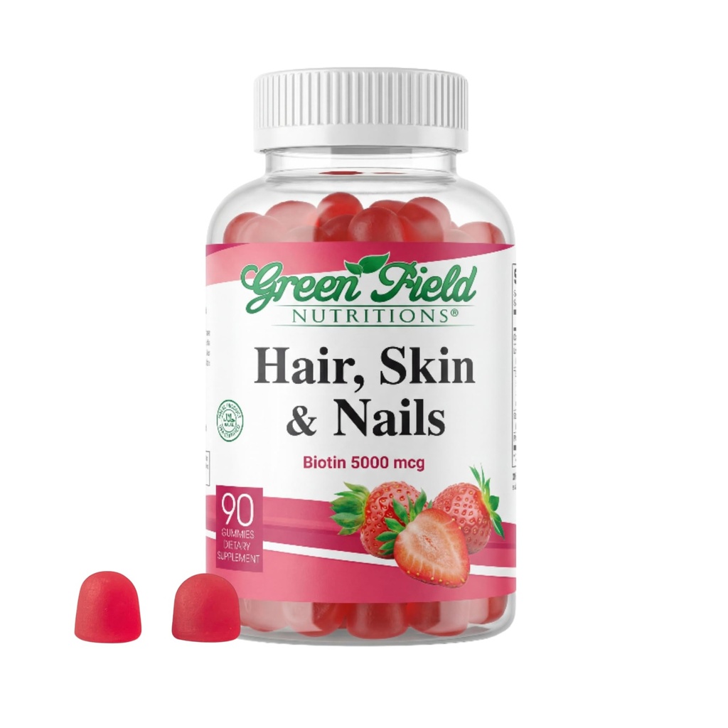 Greenfield Nutrições - Halal Biotin Gummies Vitamina para o cabelo, pele e unhas, Suporta o metabolismo da gordura, crescimento do cabelo, unhas fortes e pele clara, Gelatina livre, não-GMO, e sem glúten - 90 chicletes