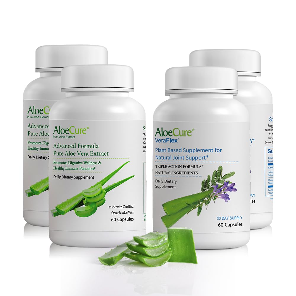 AloeCure Organic Aloe Vera Cápsulas Embalagem - 4 Peças - 2 x VeraFlex, 2 x Aloe Vera Cápsulas