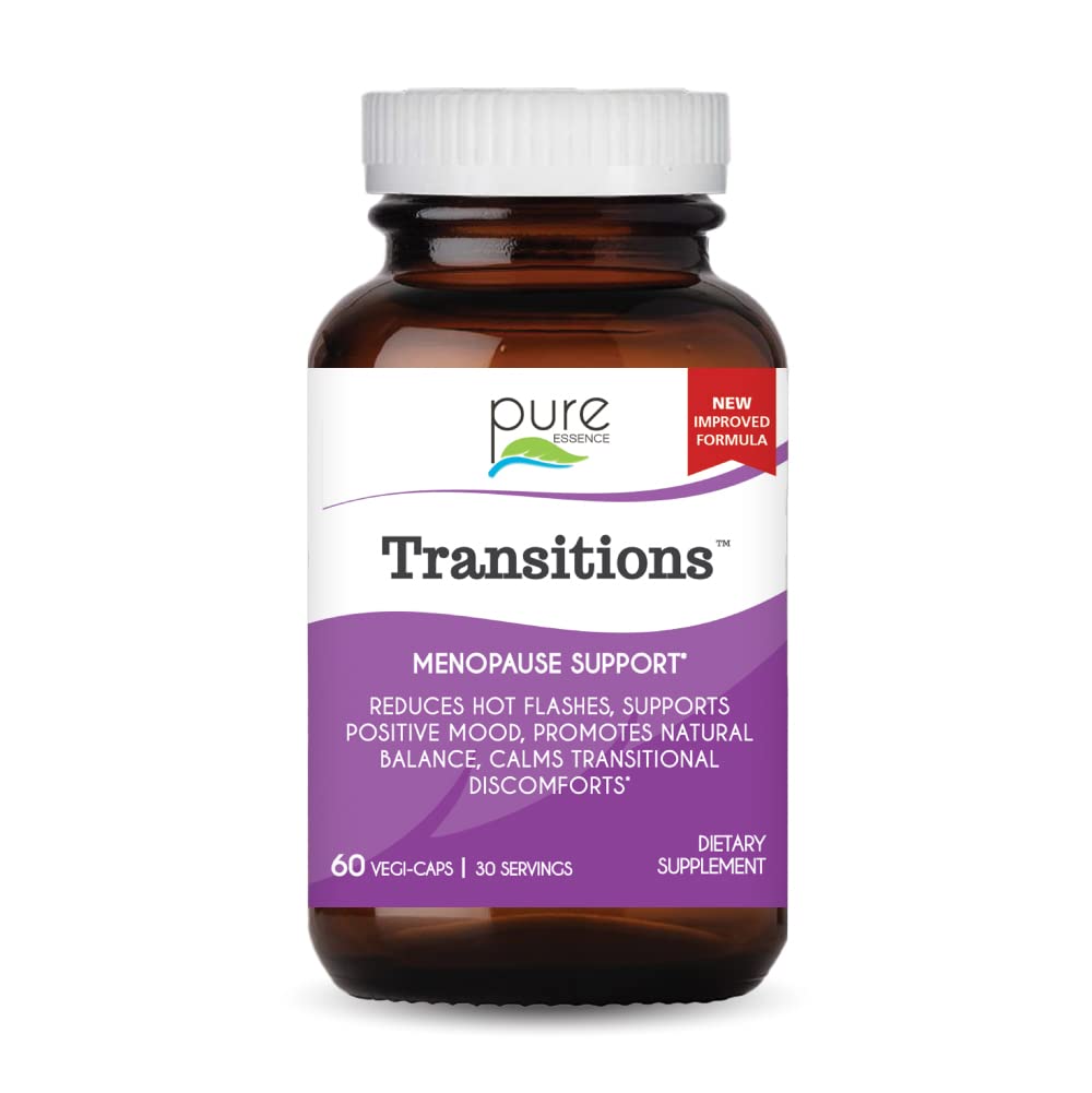 Pure Essence Labs Transitions Vitaminas para Mulheres, Suplemento de alívio de menopausa natural para promover o equilíbrio hormonal, reduzir os flashes quentes, mudanças de humor e suores noturnos, 60 cápsulas