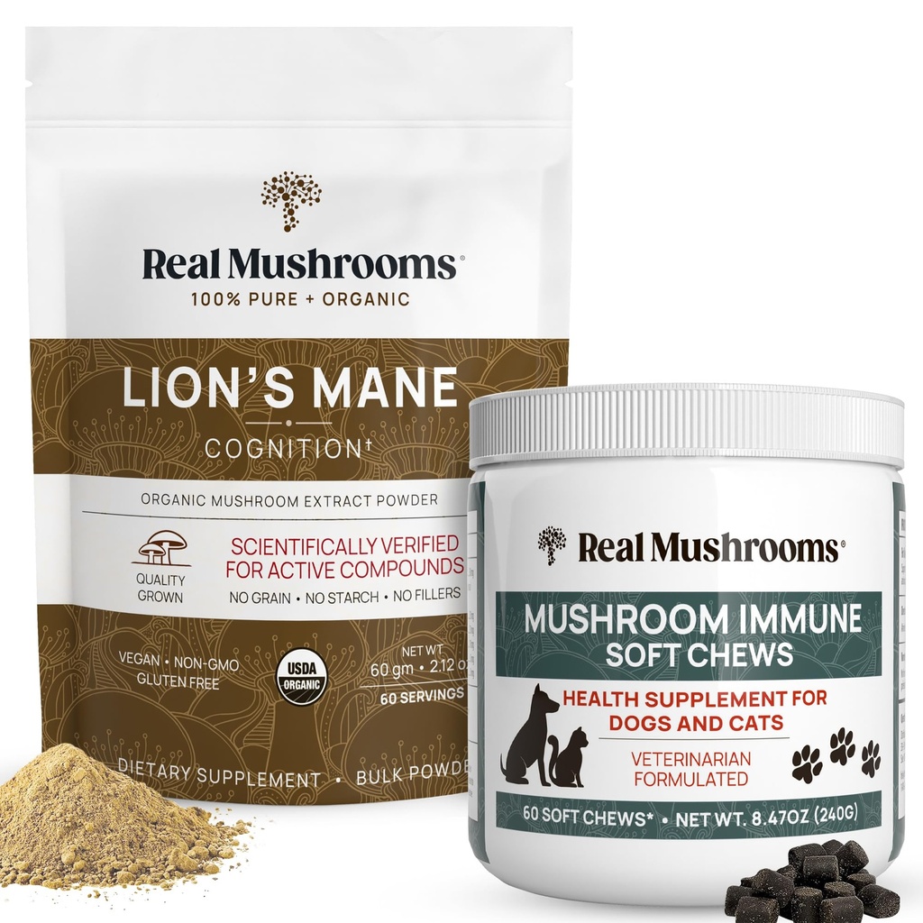 Verdadeiro Cogumelos Leões Mane Pó para Humanos (60g) & Cogumelo Imune Pet Mastiga (60ct) - Bundle para Cognição & Imunidade - Ashwagandha, Astragalus & More - Vegan, Non-GMO, Gluten-Free, Grain-Free
