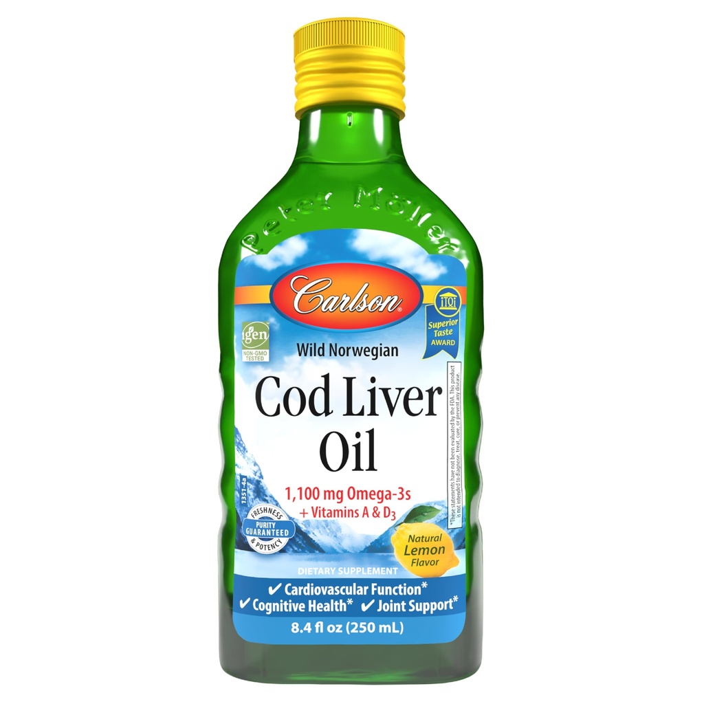Carlson - Óleo de fígado de bacalhau, 1100 mg Omega-3s, Suplemento de óleo de peixe líquido, Wild-Caught Norueguês Ártico, Líquido Nórdico Sustentável Fonte, Limão, 250 ml