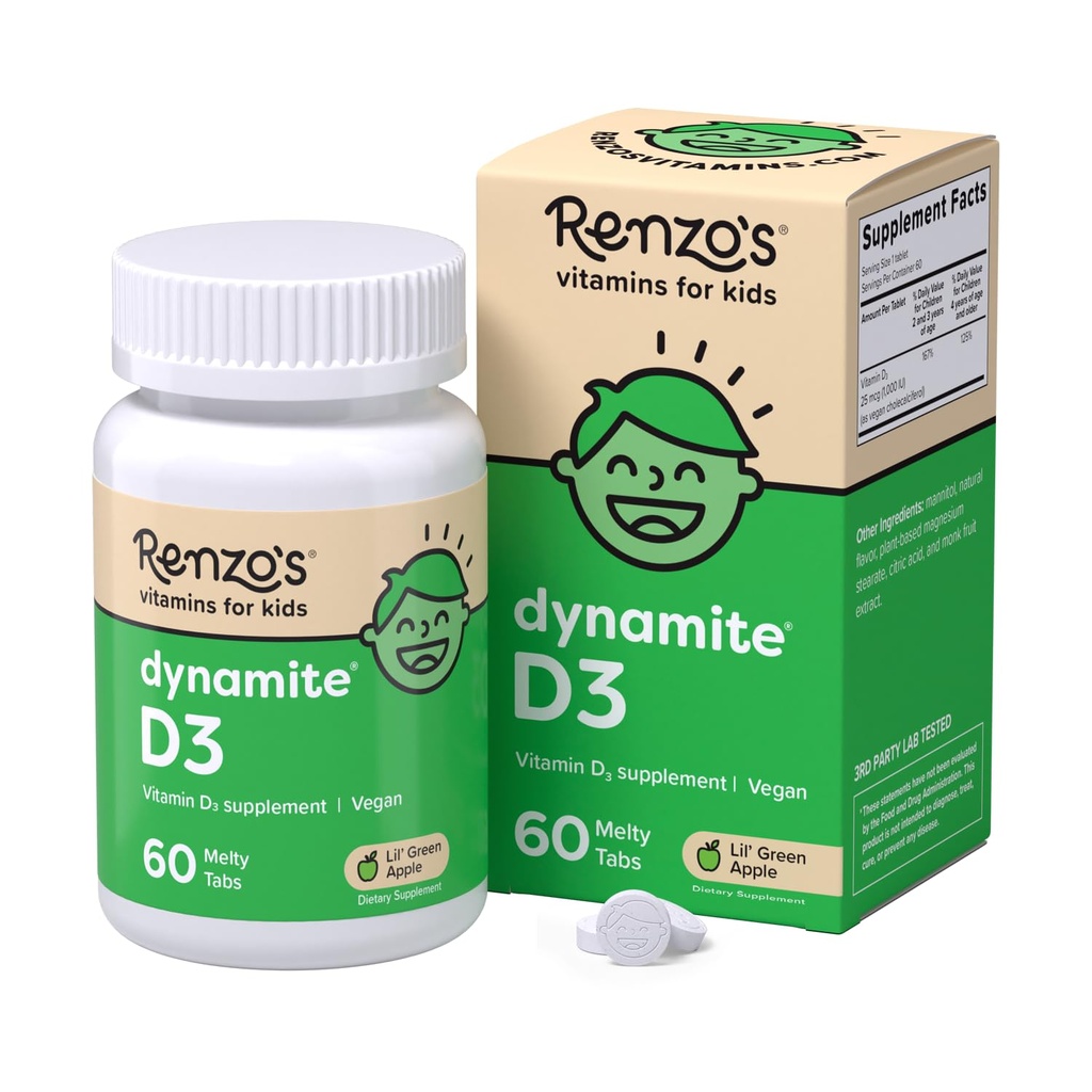 Renzo's Dynamite Vitamina D3, Dissolver Kids Vitamina D3, 60 Açúcar-free Melty Tabs, Lil’ Verde sabor maçã