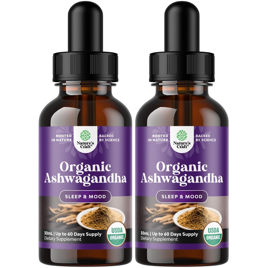 Naturezas Artesanato USDA Organic Ashwagandha Liquid Drops - Liquid Ashwagandha Root Extract for Stress and Mood Support - Tasty Adaptogenic Tintura Non GMO Vegan Gluten Alcohol and Sugar Free (2 Pack)