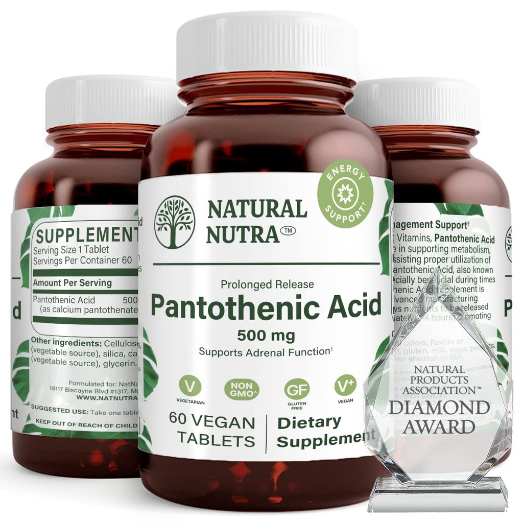 Natural Nutra Time Release Ácido Pantotênico 500 mg, Suplemento de vitamina B5 ajuda a quebrar gordura e carboidratos, metabolismo e energia, melhorar a saúde muscular, reduzir os pontos da pele, 60 comprimidos vegetarianos