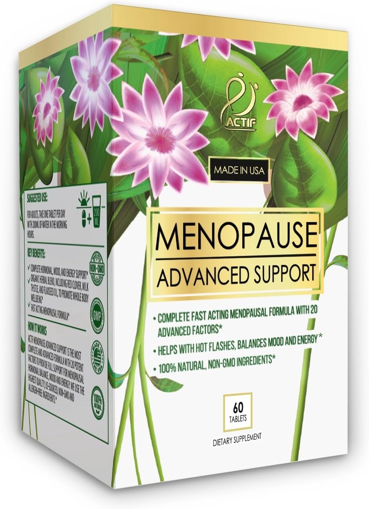 Actif Menopause Suporte avançado com 20+ Vitaminas e ervas orgânicas - Alivia flashes quentes, suores noturnos - Não OGM, Atuação rápida, Made in USA, 60 Count