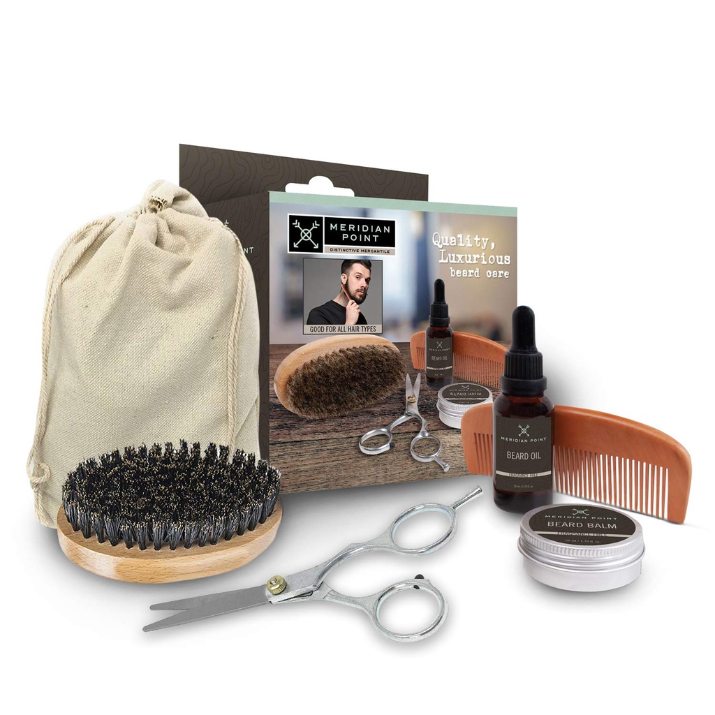 Kit de grooming de barba para homens Kit de cuidados de barba inclui acessórios - Balsa de barba natural não perfumada e óleo, escova de escova de escova de barba de madeira e javali, tesouras de aço inoxidável