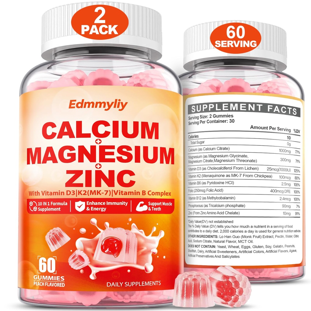 Cálcio Magnésio Zinco Suplemento Gummies com vitamina D3 K2 & B Complexo para Mulheres Homens 1000mg Citrato de cálcio com chicletes de magnésio para osso, Músculos & Imune Suporte, Açúcar Livre, Vegan