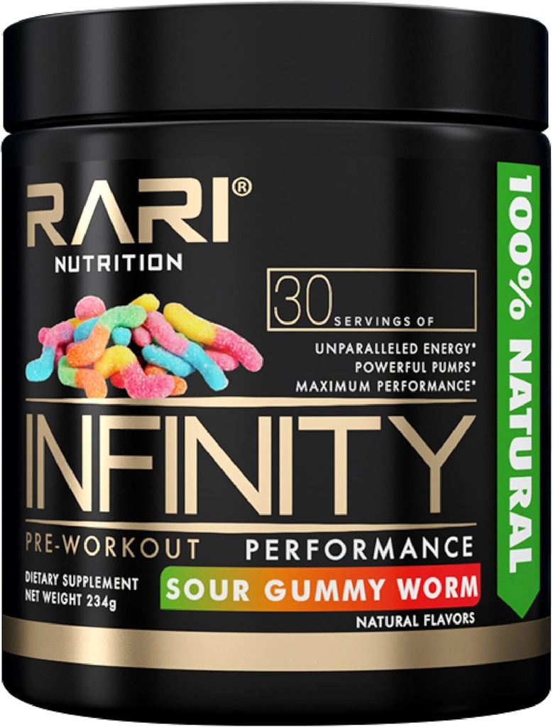 INFINIDADE - 100% Natural Pré-treino Pó para Energia, Foco e Desempenho - Homens e Mulheres - Vegan e Keto Friendly - Sem Creatina - 30 Servings (Sour Gummy Worm)